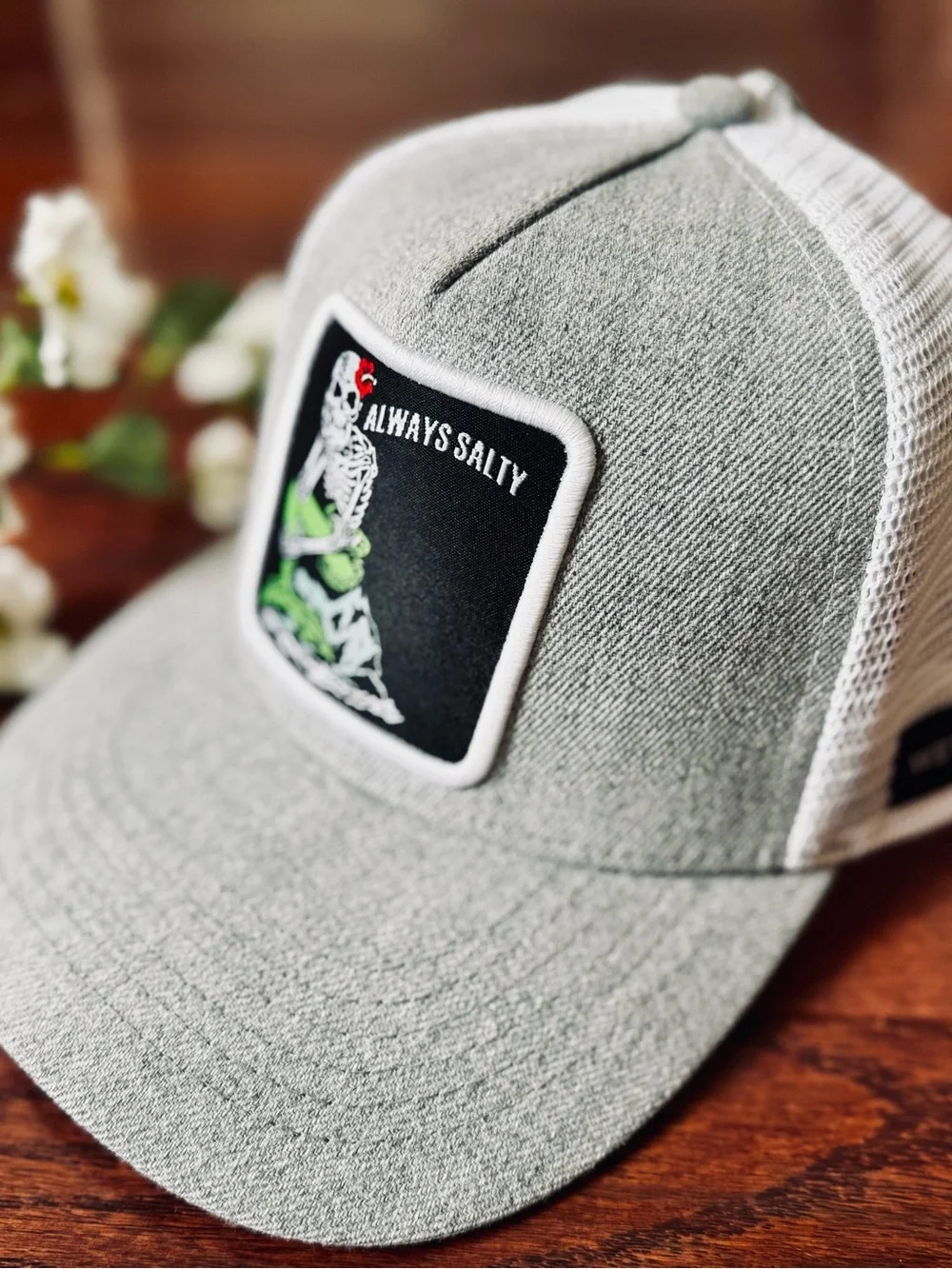 Wet Dreamz Surf Company “Always Salty” Trucker Hat SnapBack Gray/White Mesh